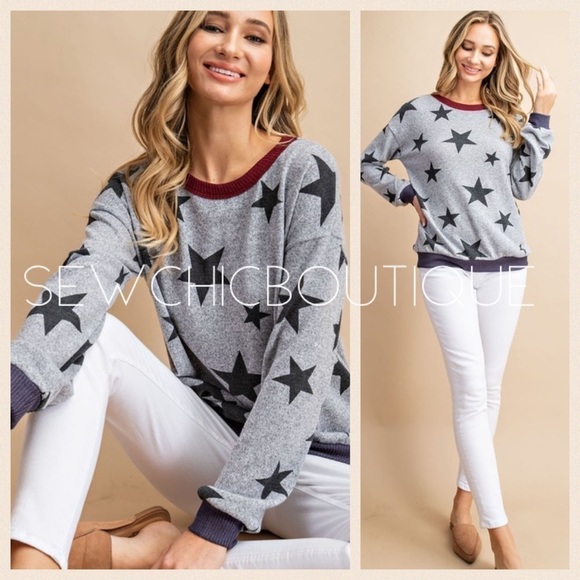 Last! Heather Gray Star Print Knit Top w/ Contrast Trim - Picture 5 of 6